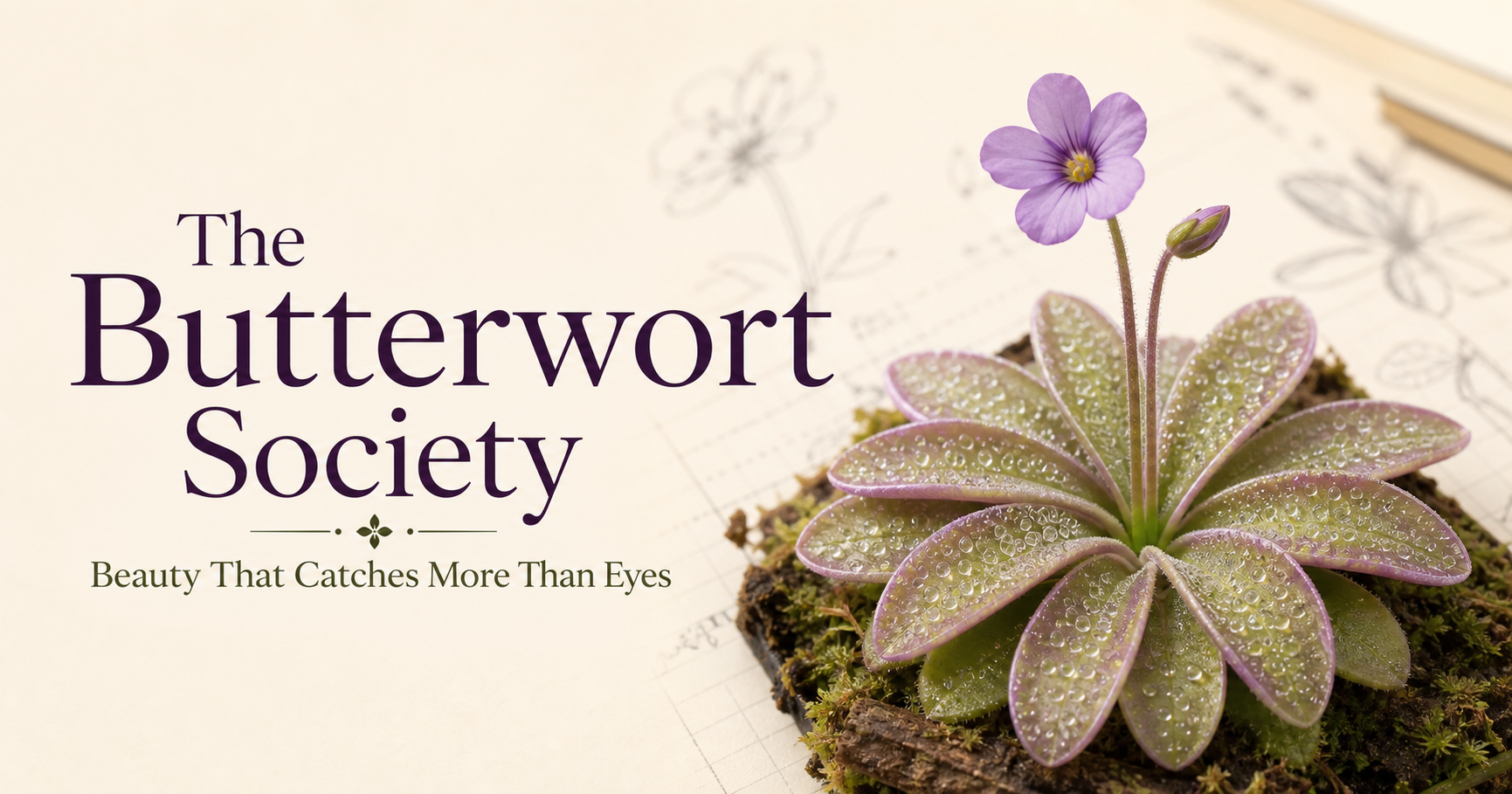 The Butterwort Society botanical identity with a purple flowering butterwort.